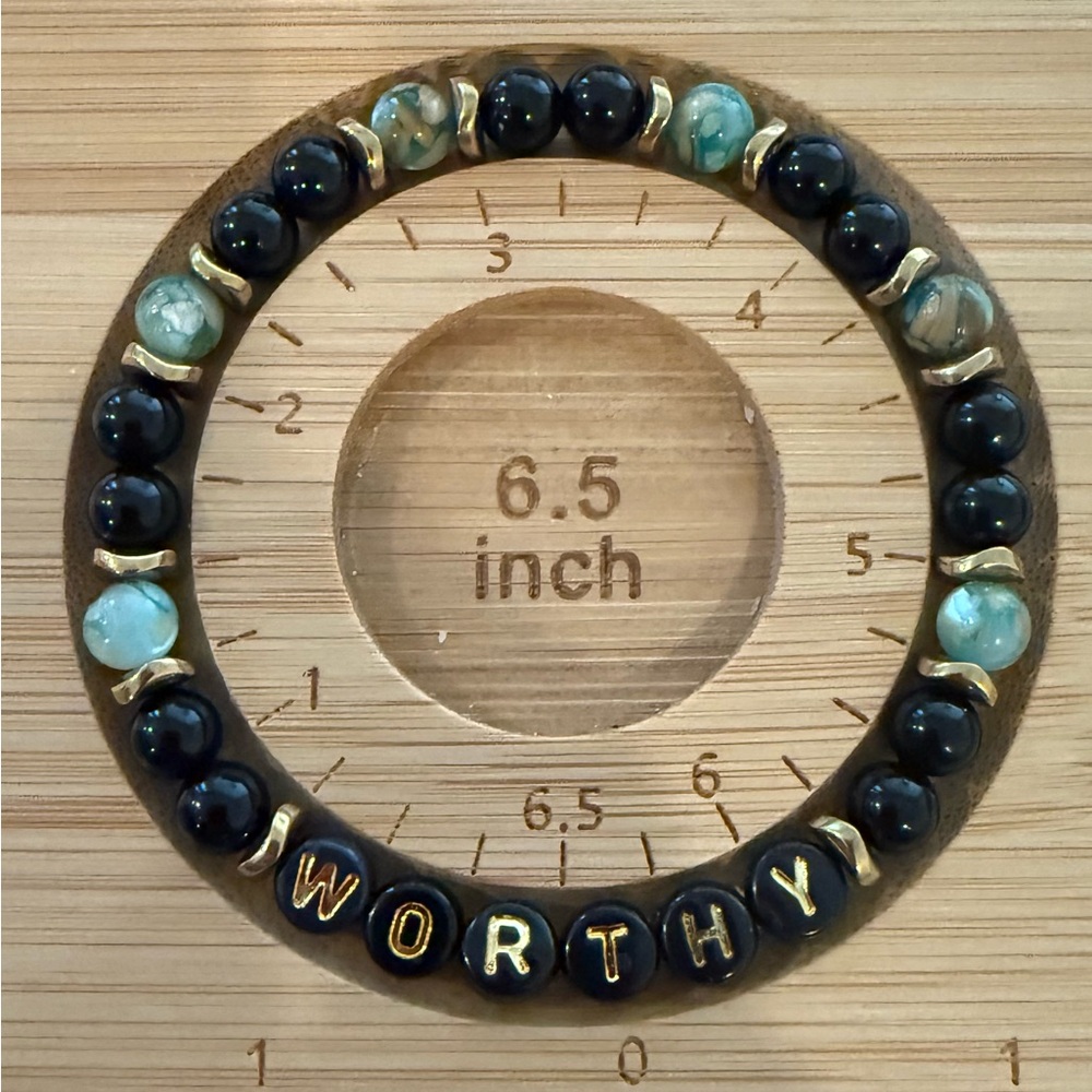 Black and Gold Beaded Bracelet, “WORTHY”